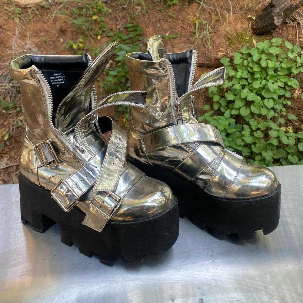 Current Mood Silver Chrome “Made In Hell” Stacked Platform Boots Dolls Kill